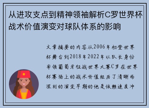 从进攻支点到精神领袖解析C罗世界杯战术价值演变对球队体系的影响